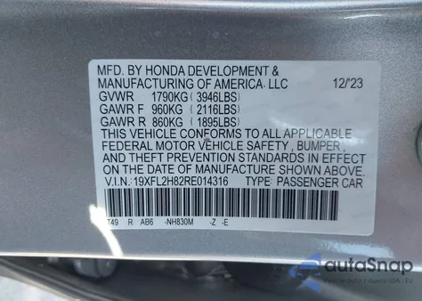 2024 Honda Civic Sport z USA, uszkodzony, nr VIN 19XFL2H82RE014316